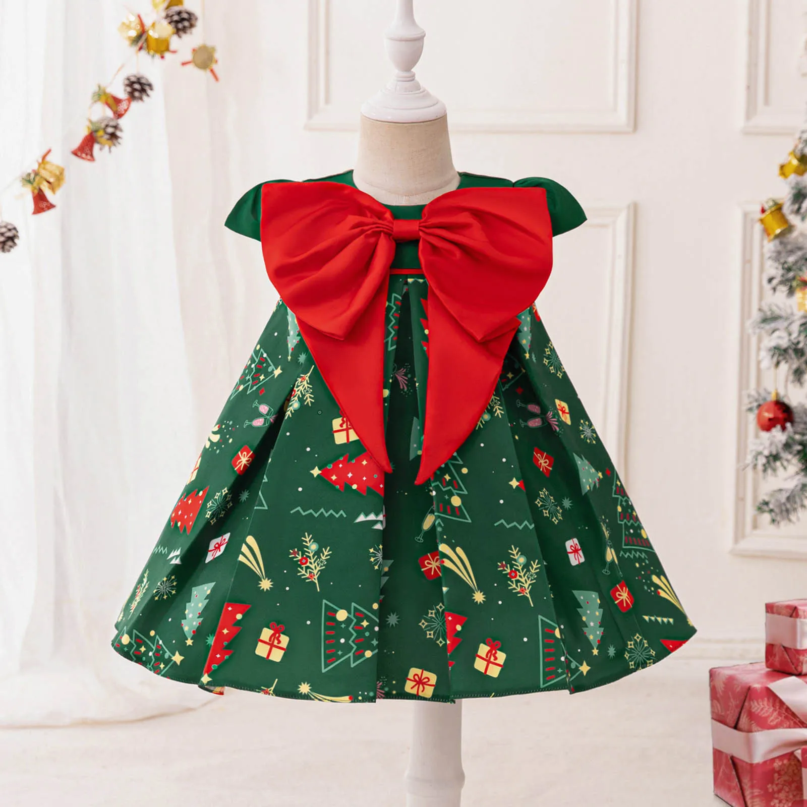 0-3 Years Infants Baby Girl Christmas Costume Red Bow Christmas Tree Modeling Prom Performance Dress Newborn Kids Princess Dress