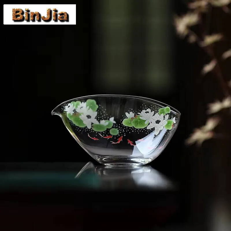 

180 мл креативный стеклянный кувшин для чая с изображением рыбы в лотосе, утолщенный термостойкий лист, плоская чашка Cha Hai Justice, зеленые услуги