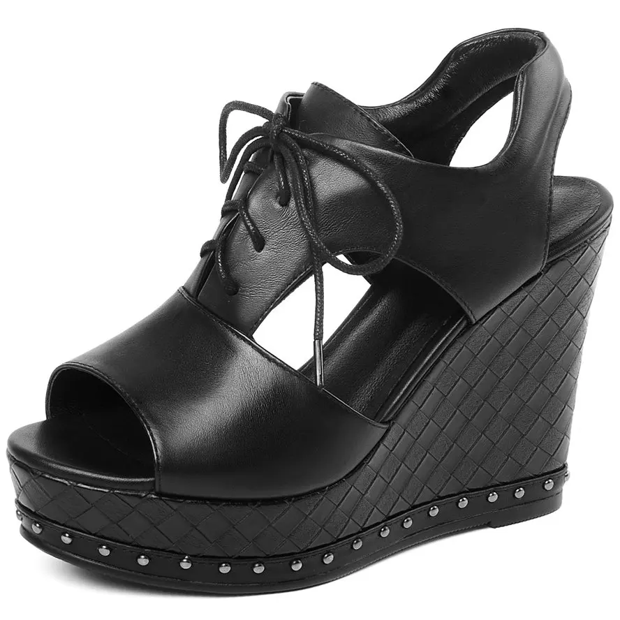 Punk Goth Sandals Women Genuine Leather Gladiators Platform Wedge Summer Boots Rivets Party Pumps Open Toe Comfort Shoe