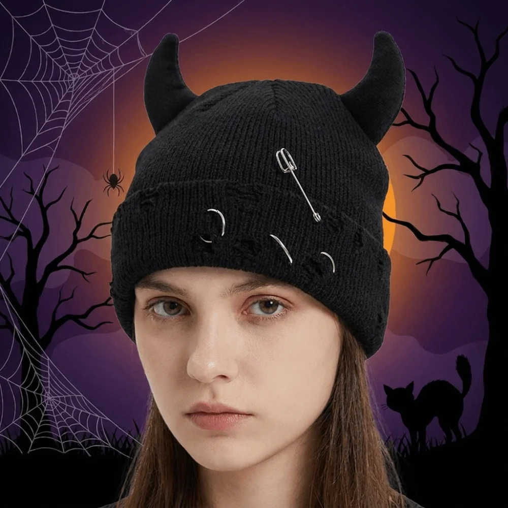 Casual Yarn Devil Horns Hat Distressed Solid Color Winter Pullover Cap Harajuku Warm Knitted Beanie Autumn/Winter