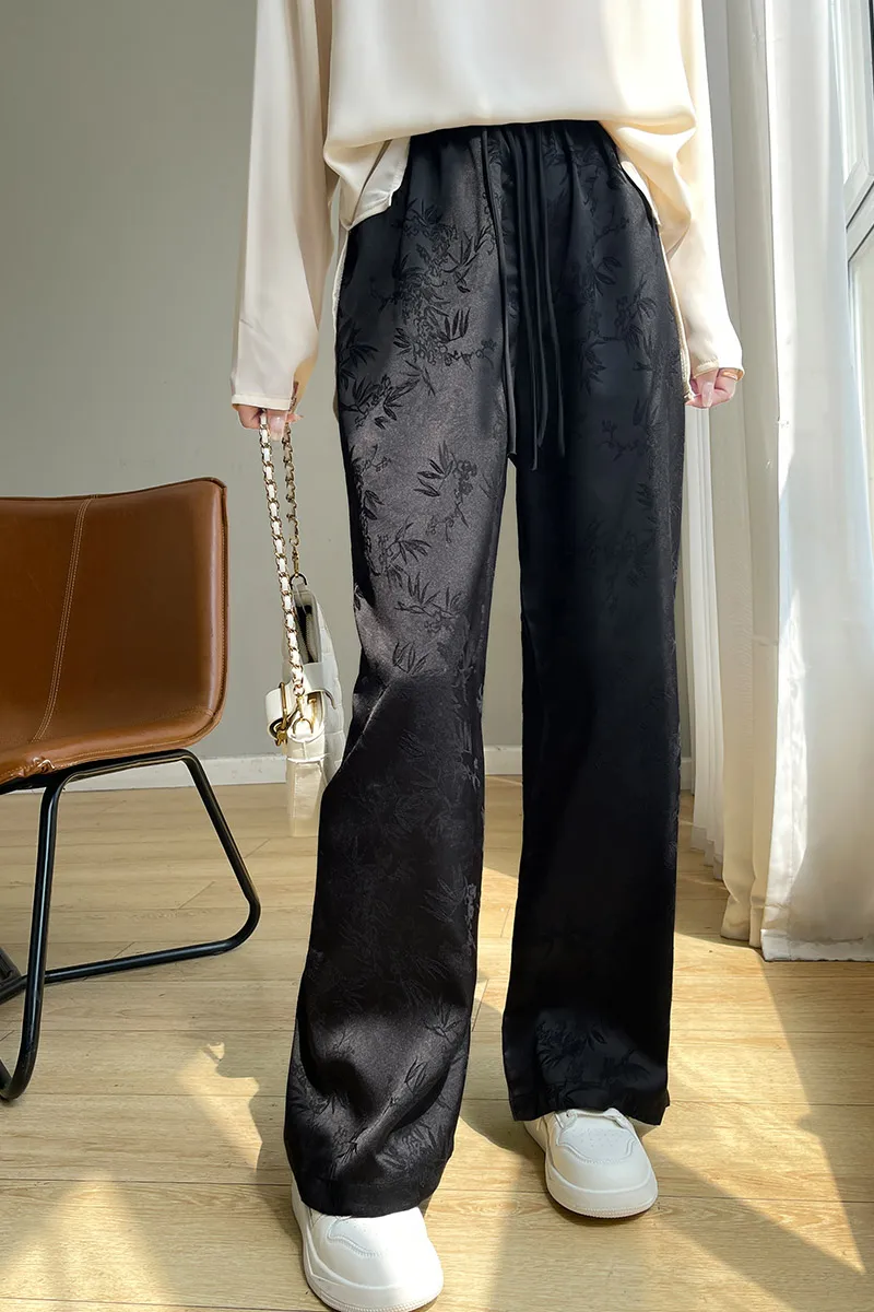 Summer New Chinese Acetate Satin Jacquard Women's High end Chinese Style Straight Leg Slimming Design Wide Leg Pants