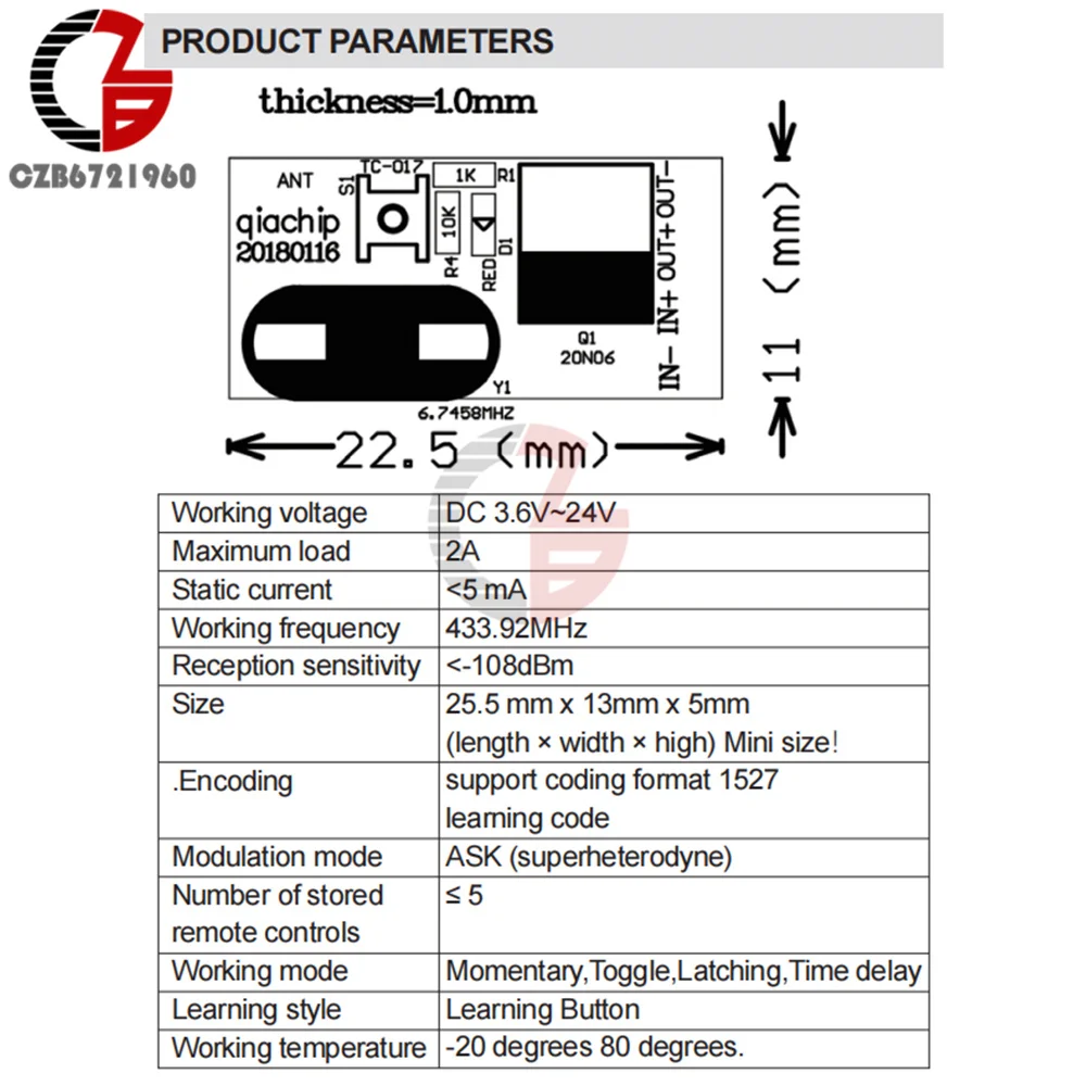 433mhz DC 3.6V 5V 9V 12V 24V 1CH Relay Wireless RF Remote Control Switch LED Lamp Controller Micro Receiver Transmitter +Antenna