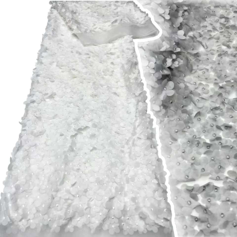 

New Faionable Me White Fabric with 3D Flowers and Sequins Embroidery for Dr Performance Clothes Plant Floral Pattern 5Y CC1386