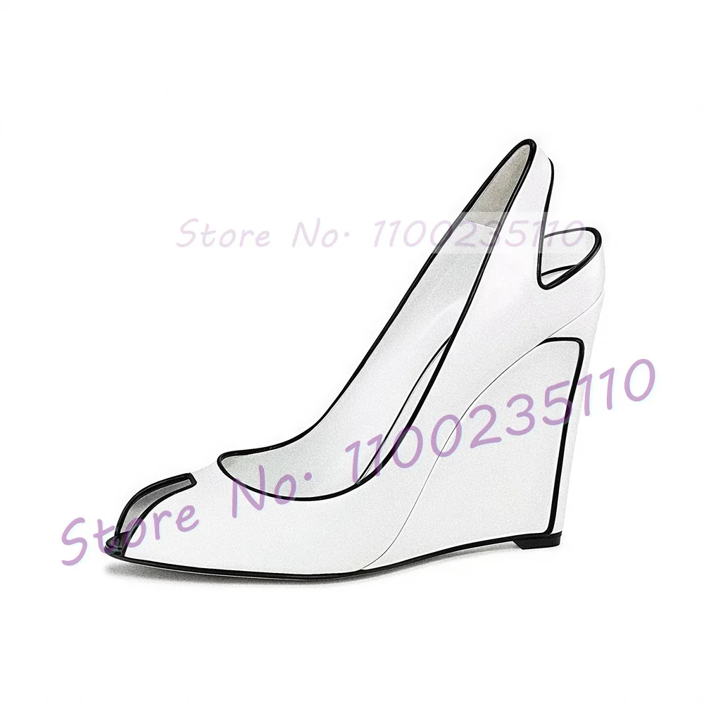 White Peep Toe Back Strap Wedge Sandals Female Splicing Leather Slingback High Heels Party Trendy Black Sewing Trim Chic Sandals