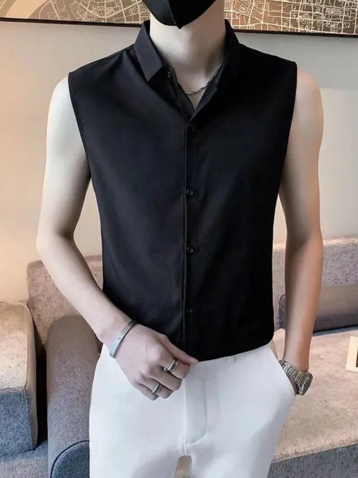 

Stylish Sleeveless Shirt for Men Fitness Nightclub Fashionable Hairdresser Short Sleeve Breathable Ice Silk Slim Fit Button down