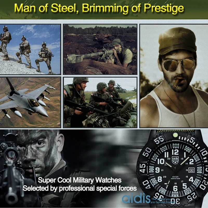 Addiesdive موضة الرياضة في الهواء الطلق ساعات تناظرية للرجال 50 متر مقاوم للماء مضيئة النايلون الرجال العسكرية ساعات المعصم ساعة كوارتز