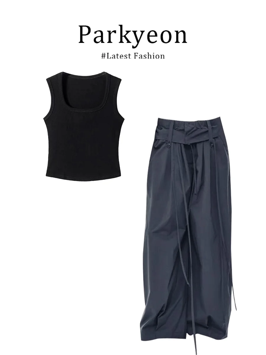 

Black Sexy Spicy Girl Strap Vest High Waist Loose Slim Wide Leg Casual Pants Two Piece Set Summer Fashion Ensemble for Young ...