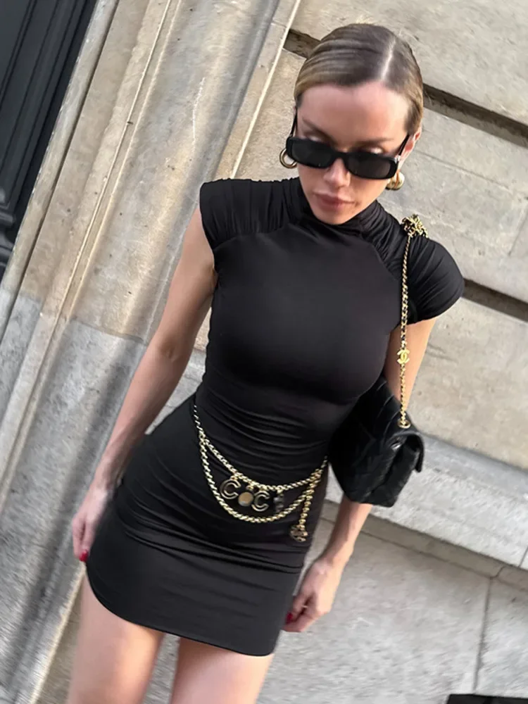 

Turtleneck Sleeveless Sexy Mini Dress For Women Fashion Solid Zipper Ruched Bodycon Club Party Tank Dresses Female