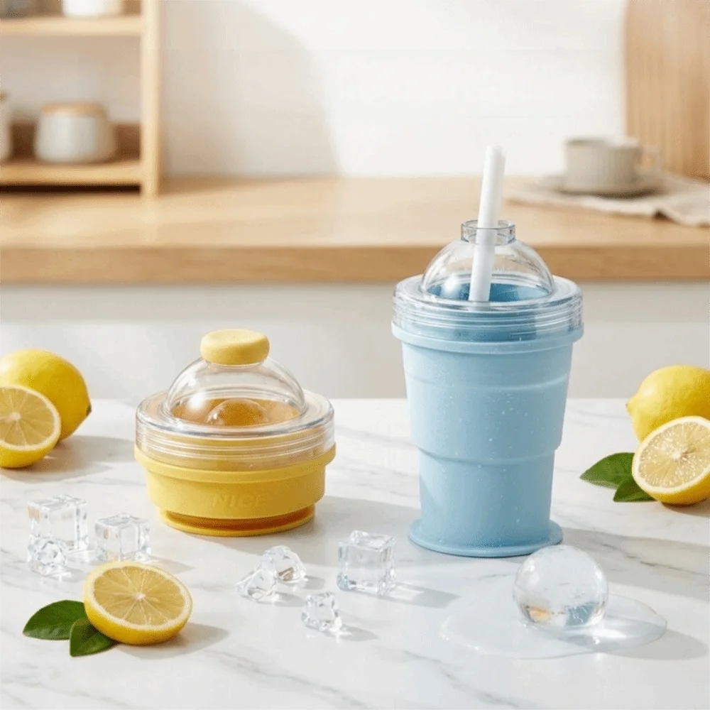 Convenient Leak-Proof Folding Ice Mold Cup with Straw Portable Ice Kettle Easy To Demold Food Grade Ice Mold Cooler Cup Milk Tea