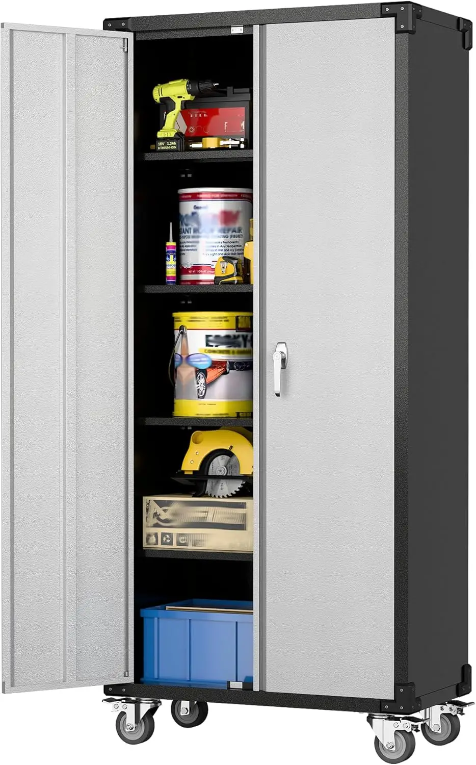 Rolling Metal Storage Cabinet with Locking Doors and 4 Adjustable Shelves, Garage Cabinets with Wheels for Garage