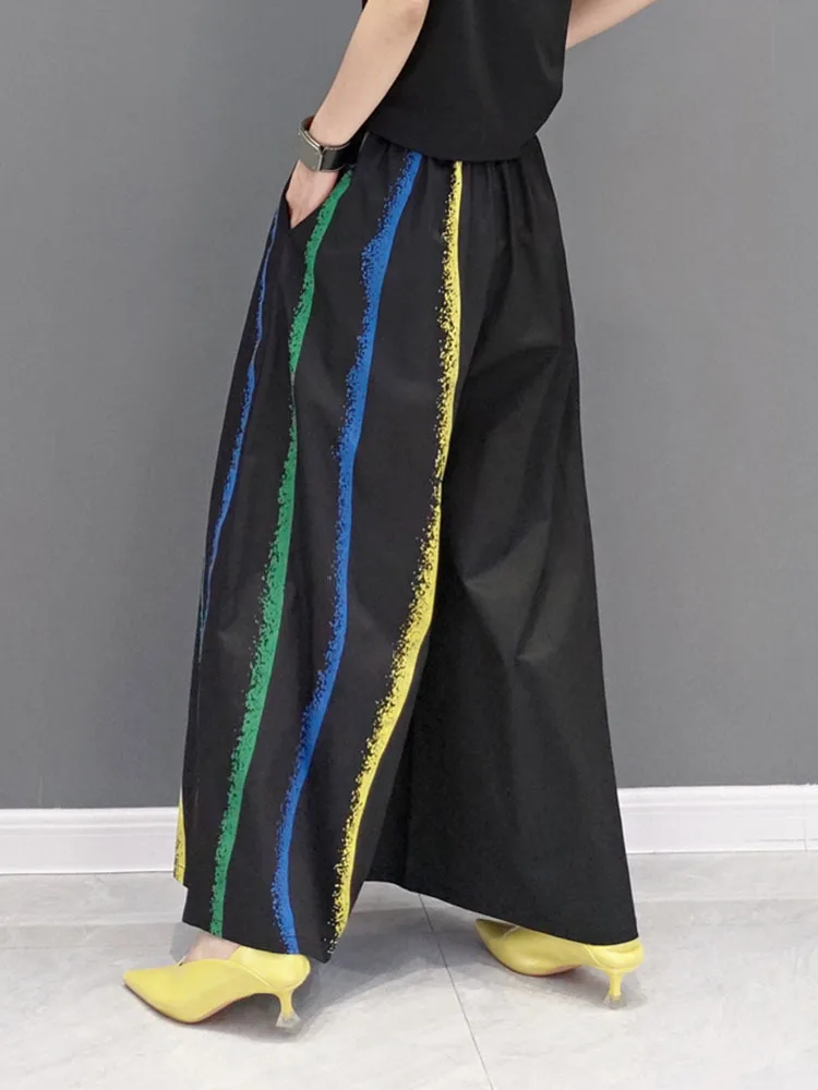 [EAM] Women Black Striped Color-block Wide Leg Pants High Elastic Waist New Loose Trousers Fashion Spring Autumn 2024 1DF9205