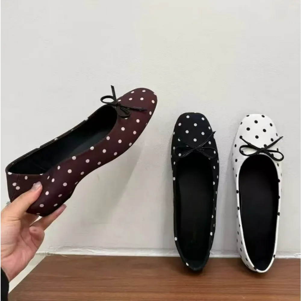 

Новые дизайнерские балетки в горошек с круглым носком для женщин, с бантом, низкие, элегантные, легкие, мягкие, удобные лоферы