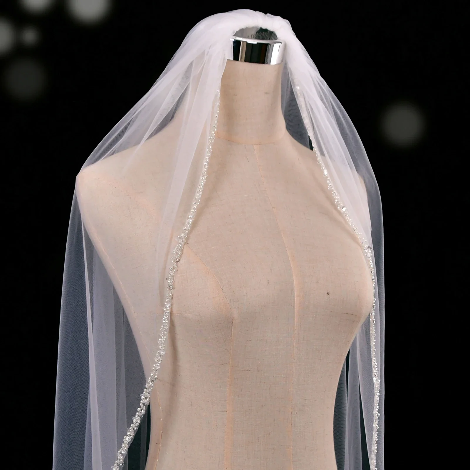 Luxury Cathedral Long Wedding Veil Crystal Organza Beaded Bridal Veil with Rhinestone Edge  1 Tier Soft Wedding Accessories G134 image 6