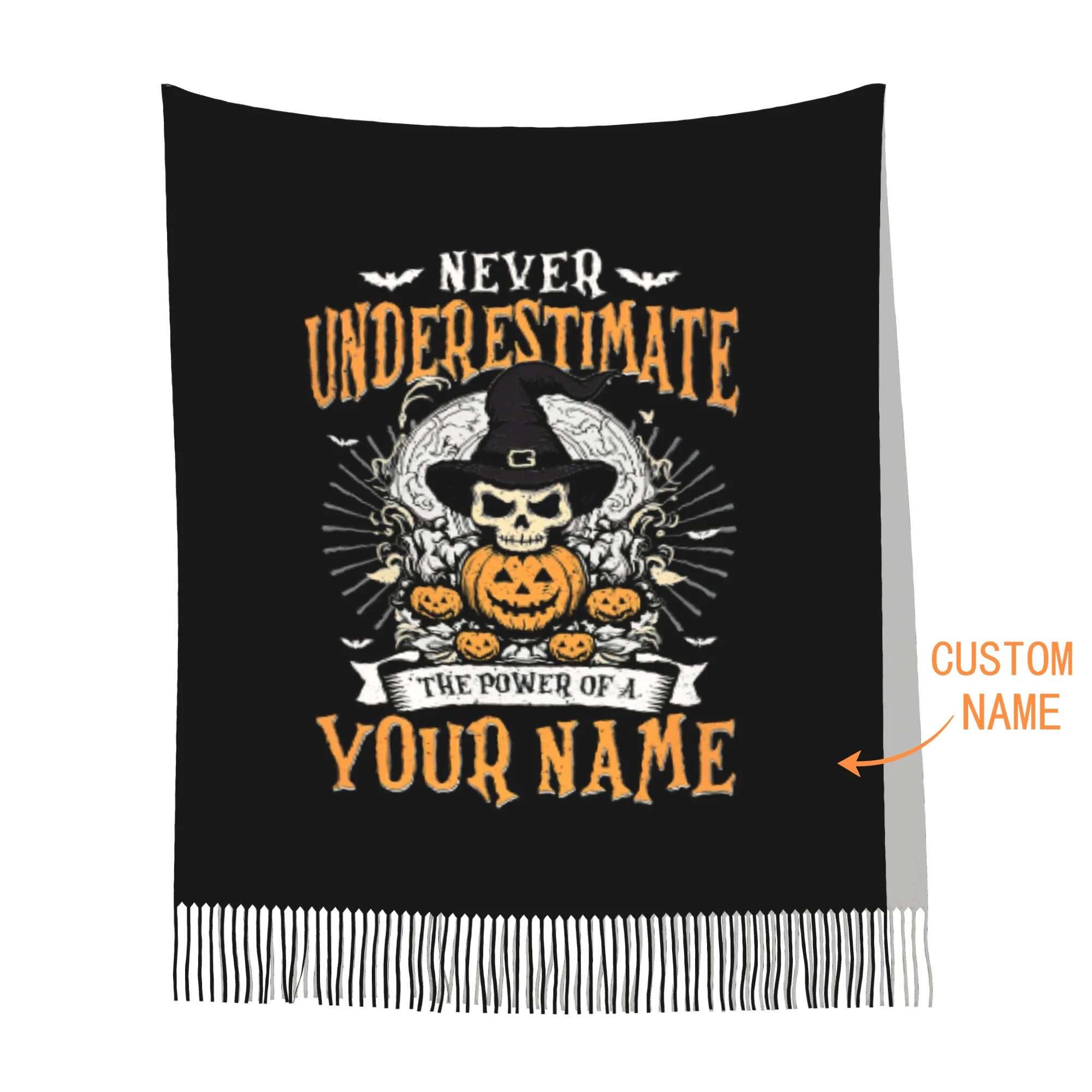 Custom Name Halloween Scarves Winter Fall Warm Tassel Shawl Wrap Never Underestimate The Power Of Your Name Witch Skull Scarf
