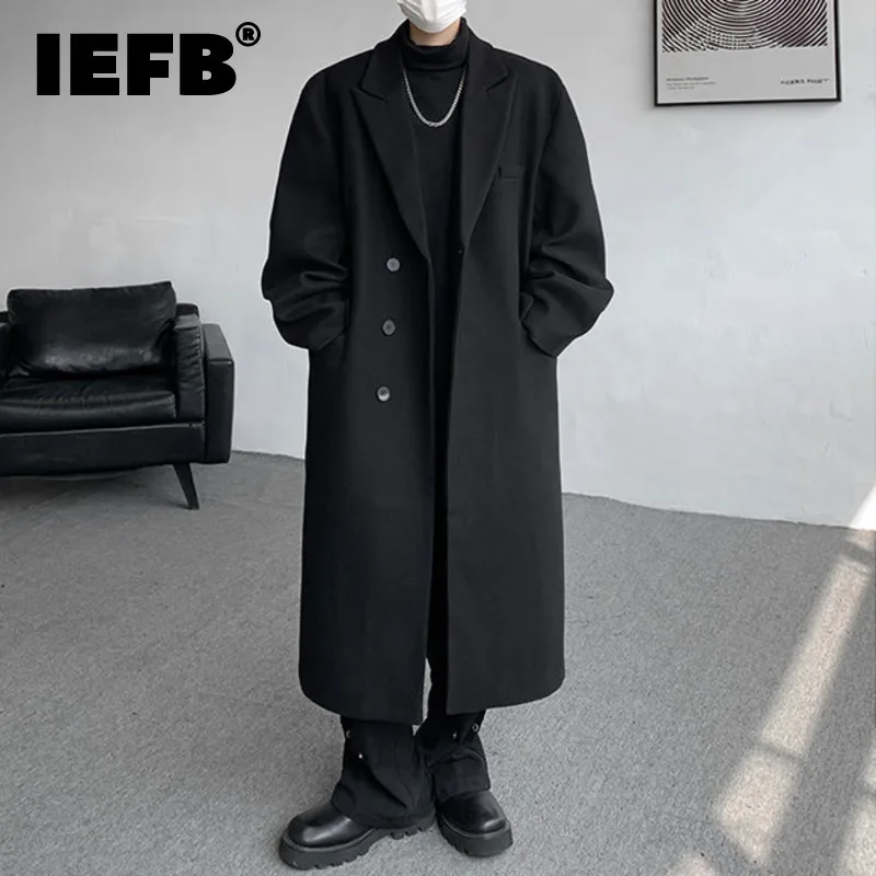 IEFB Men's Woolen Coat Mid Long Thickened Overcoats Solid Color 2024 Single Breasted Male Loose Trench Fashion Spring 21Z6024