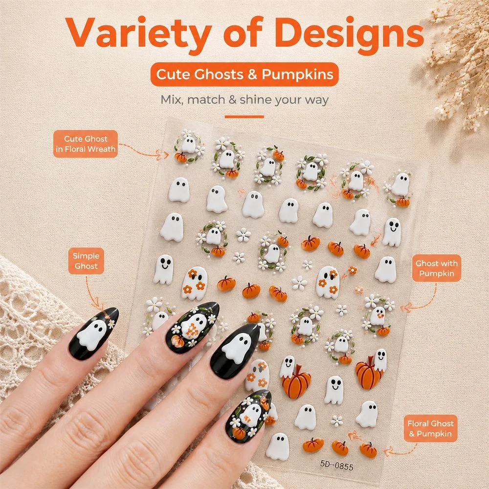 1Sheet Macaron Soft Autumn Nail Decals Embossed White Ghost Pumpkin Small Daisy Stereo Self Adhesive Seasonal Nail Decor
