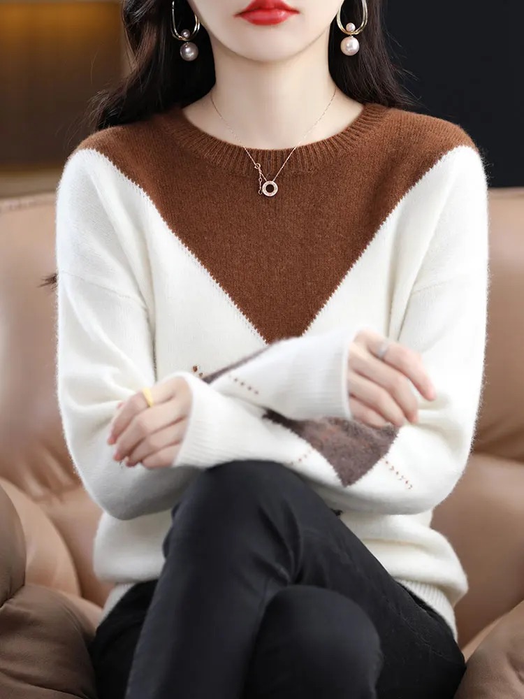 Autumn Winter Women Knitwear Sweater Fashion New Round Neck 100% Wool Pullover  Warm Loose Diamond Pattern Color Matching Tops