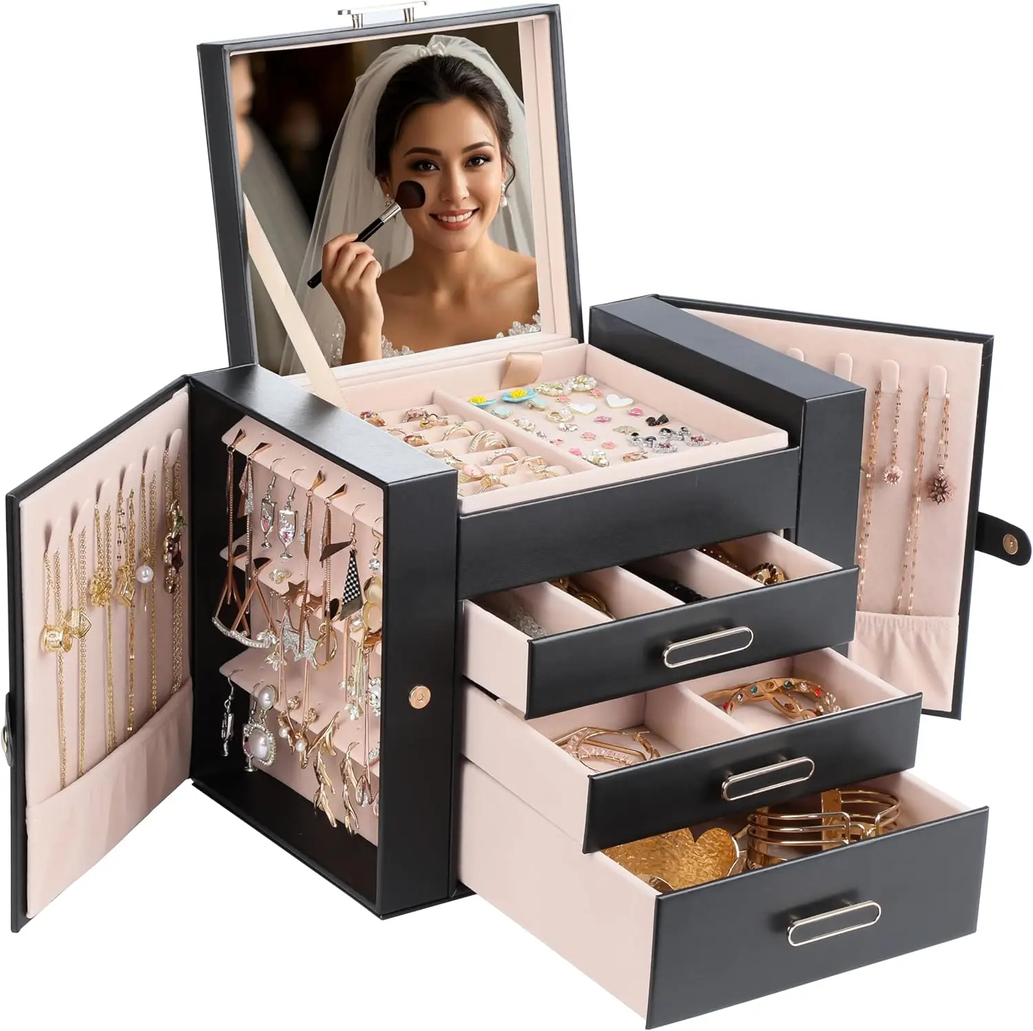 

Black 4-Layer Jewelry Box with Mirror, 2-Door Organizer for Necklaces & Earrings