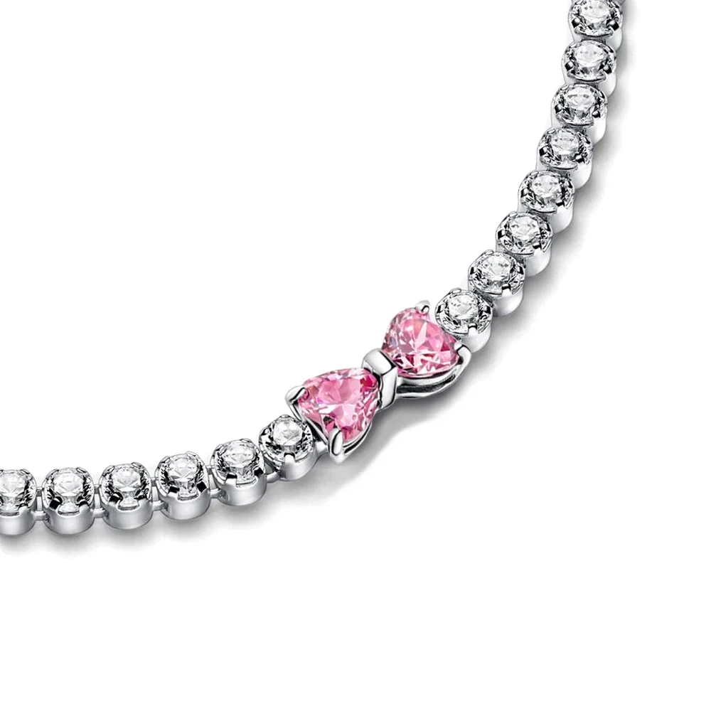 2026 Valentine New 925 Silver Pink Bow Full Diamond Bracelet Original 17-20CM Fit DIY Charm Women Birthday Jewelry Gifts