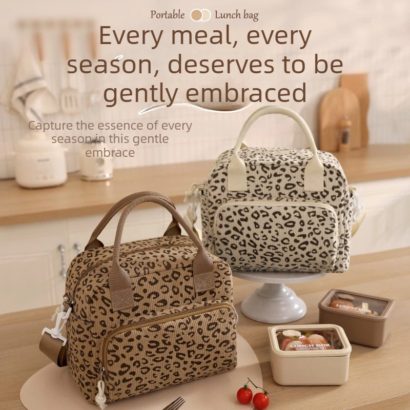 1PC Insulated Corduroy Square Lunch Tote Bag Handheld Reusable Bento Storage Bag for Office Workers and Students Outing Use