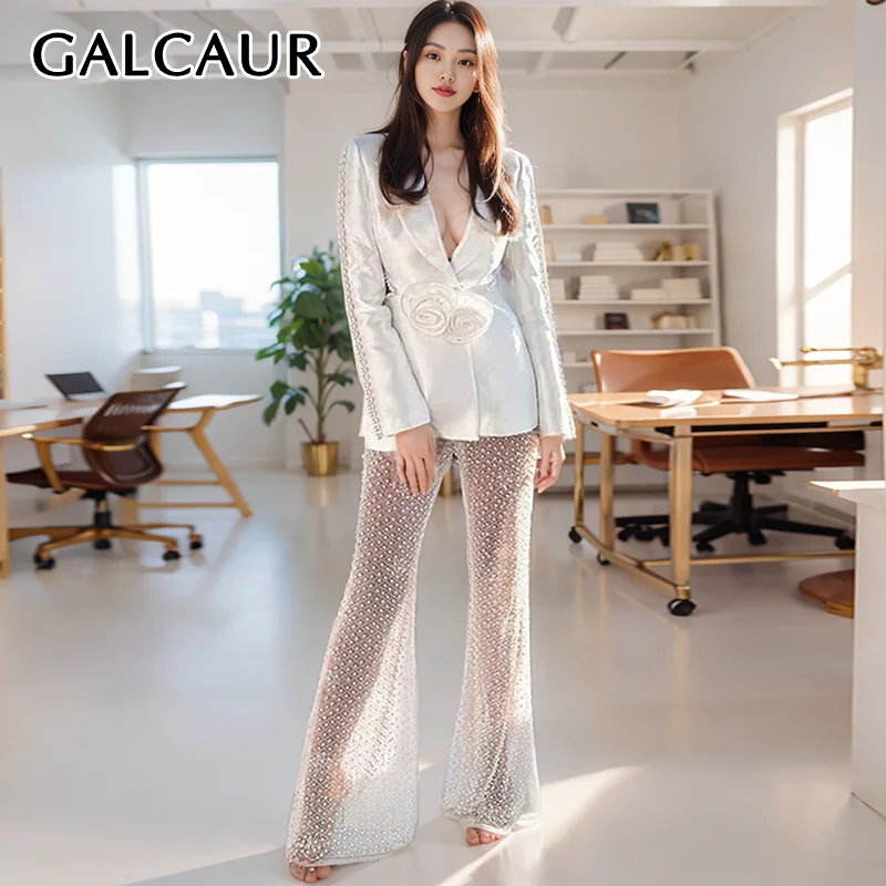 

GALCAUR Elegant Two Piece Set For Women Notched Collor Long Sleeve Spliced Appliques Top High Waist Pants Solid Sets Female New