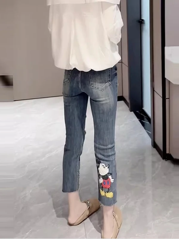 

Джинсы скинни с высокой талией, женские летние тонкие эластичные брюки-карандаш с вышивкой, модные синие джинсы с манжетами