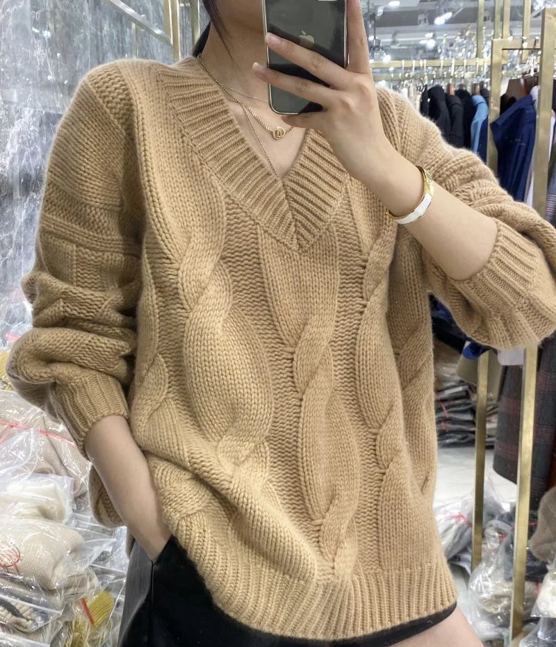 Autumn and winter women's casual solid color V-neck long sleeved loose sweater