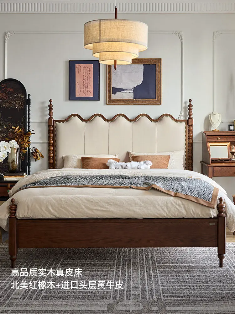 Gegewo French vintage double Senna solid wood soft-wrapped genuine leather bed, master bedroom ripple large bed, head layer