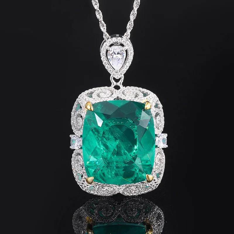 Jewelry S925 Silver Hot Selling Emerald Paraiba Fat Rectangular Large Pendant Luxurious Inlaid 20*23