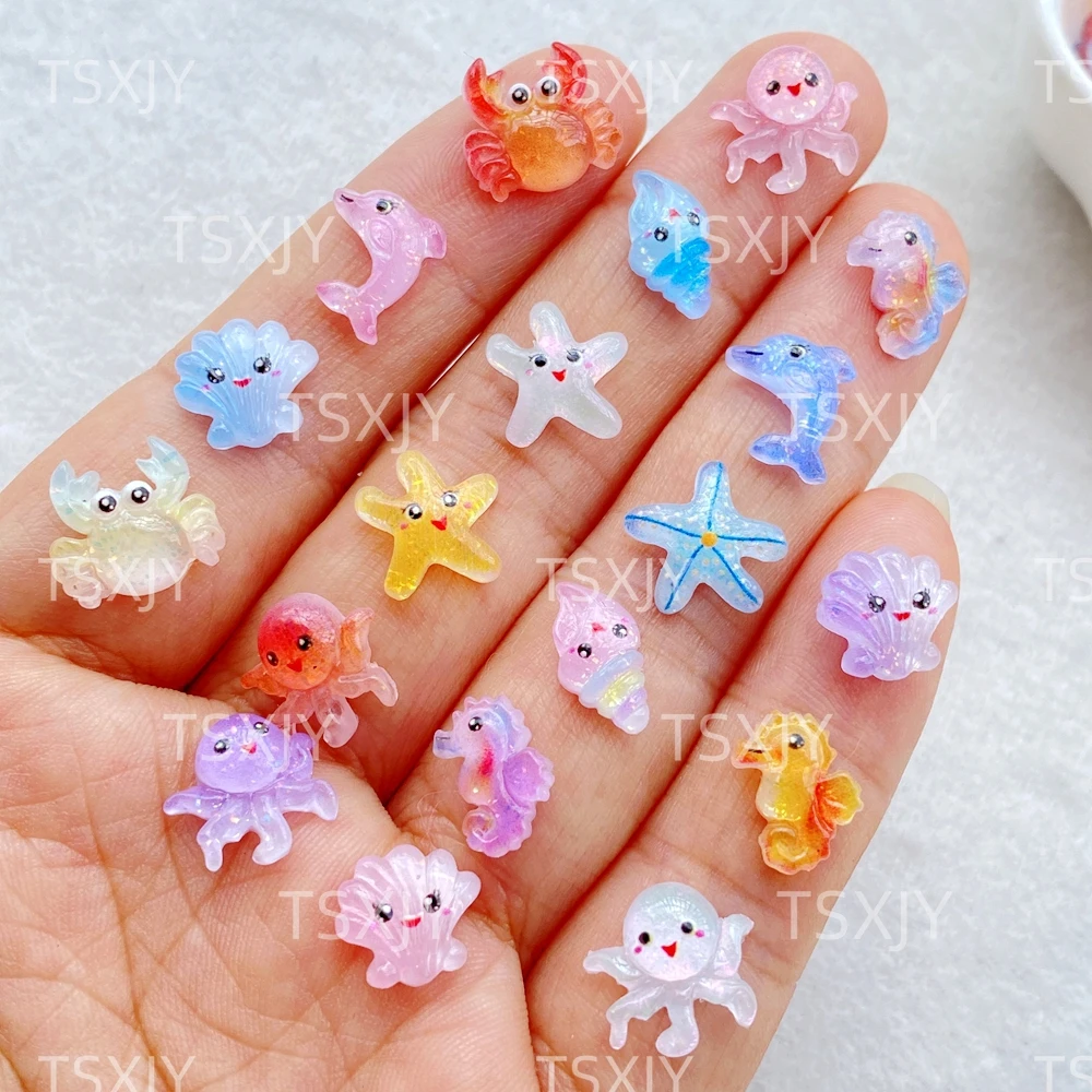 50Pcs New Nail Art Mini Cartoon Ocean: Dolphins, Crabs, Starfish, Shells Charms Rhinestones DIY Craft For Nail 3D Decorations