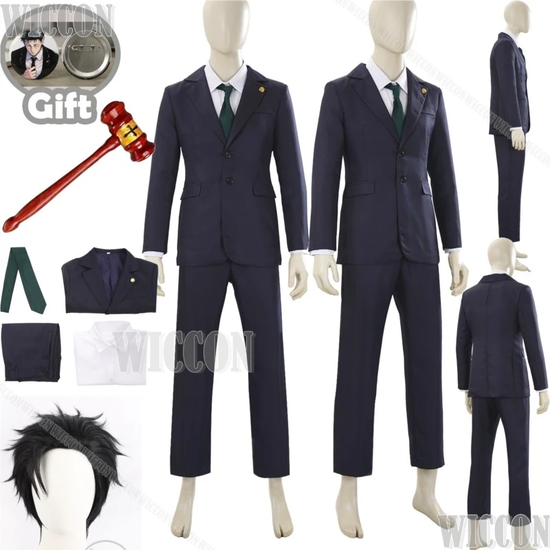 Costume de cosplay Hiromi Higuruma Anime The Culling Game, robe noire, perruque, costume de magistrat pour homme, accessoire 3D marteau, pour fête d'Halloween