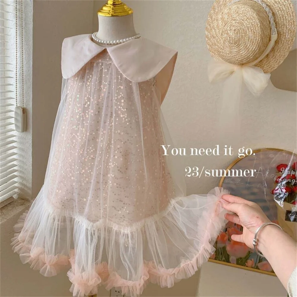 Flip Collar Doll Collar Girls\' Dress Summer Princess Skirt Camisole Skirt Puffy Skirt Mesh Skirt  xl01