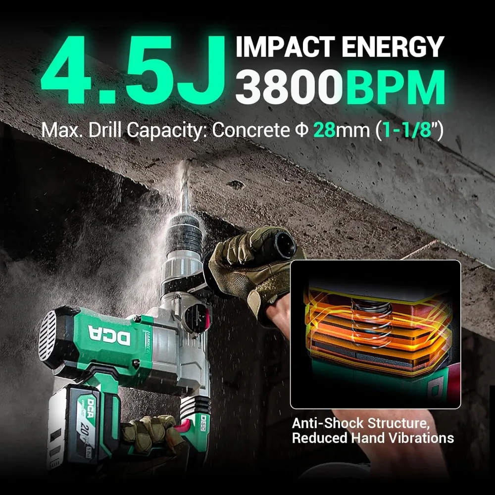 مثقاب مطرقة دوارة لاسلكي 20 فولت، تأثير 4.5J، 3800BPM، SDS-Plus، التحكم في الاهتزاز مع بطارية وشاحن سريع