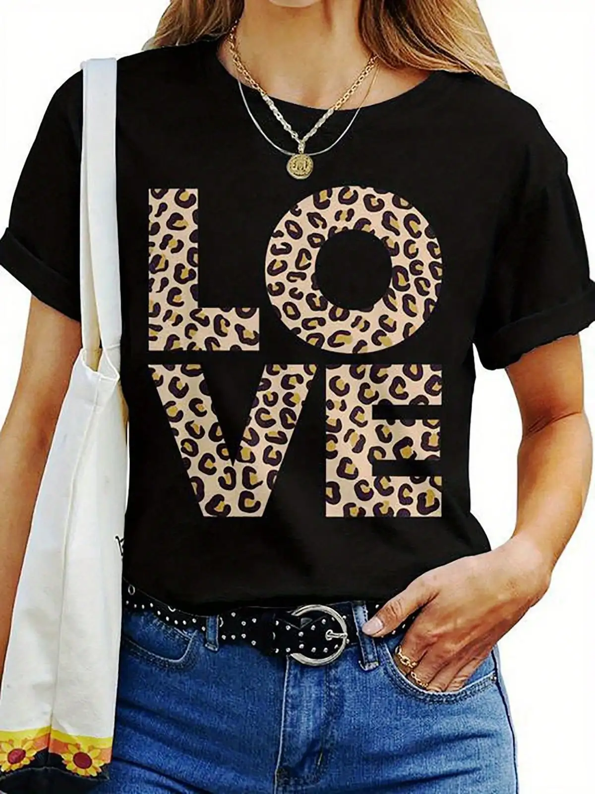 Wo Leopard Print LOVE Graphic T Shirt Elegant Casual Round Neck Short Sleeve Relaxed Fit Black Golden Animal Print Top With White Lettering H Line Silhouette Mother S Day Gift For Wo Casual Attire All Season Versatile Style Machine Washable Stylish