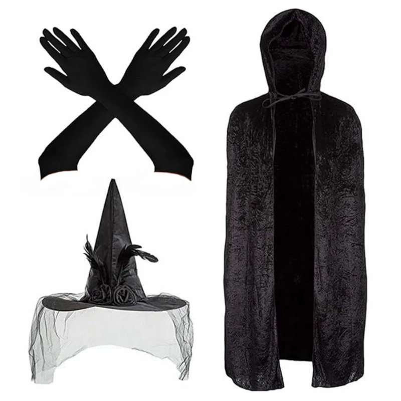 Witch Cloak Witch Hat and Glove Set Halloween Witch Costume, Witch Cape Costume Hoodied Cloak for Teen Adult Halloween