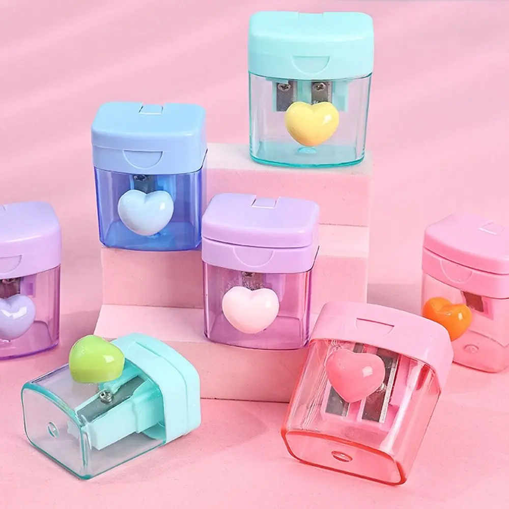 Cute 1/2 Holes Pencil Sharping Tools With Cover Sketching Pencil Sharpener Transparent Heart Pencil Cutter Student Stationery