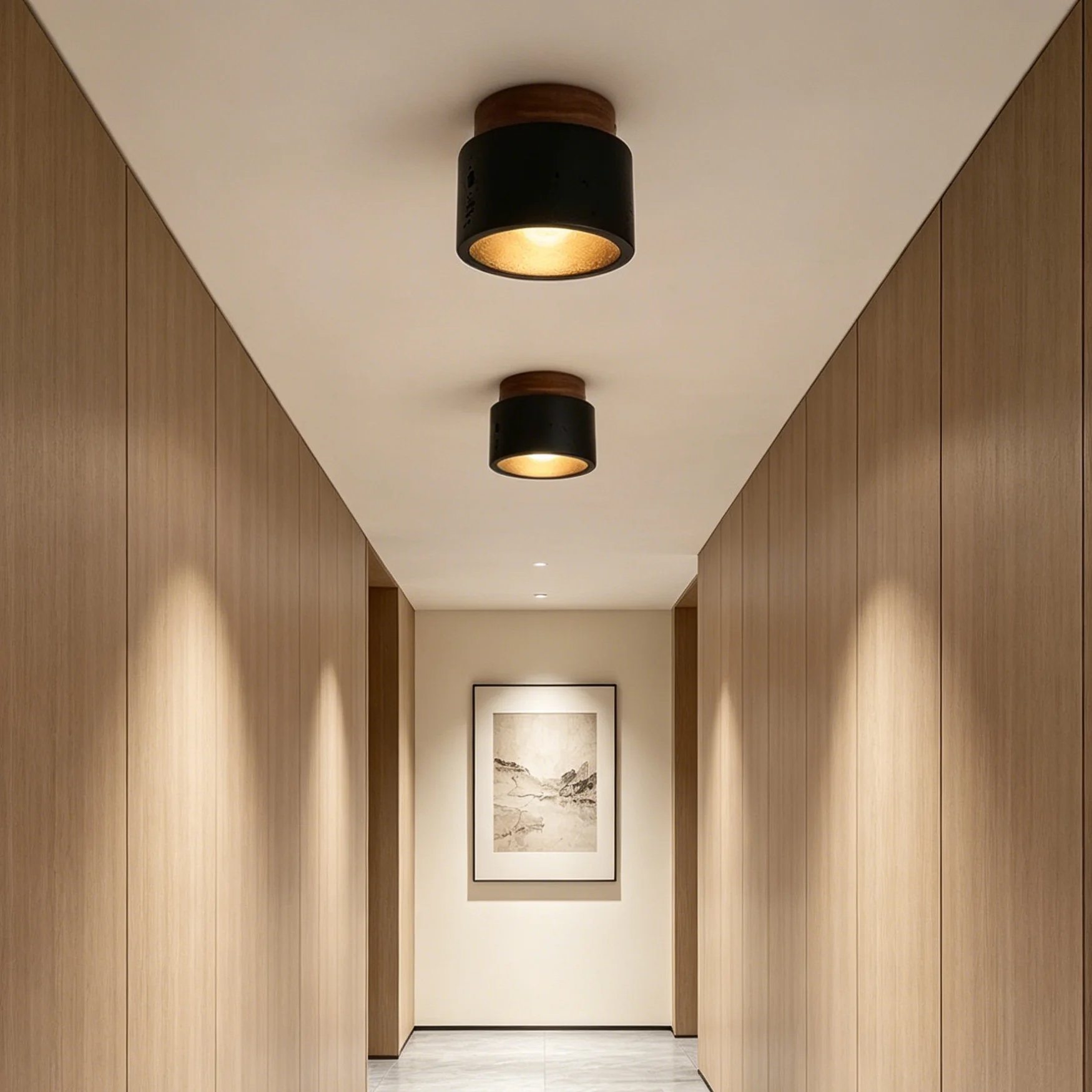 Black Travertine LED Ceiling Lamp Round Japanese Wooden Downlight for Living Room Corridor Porch Balcony Wood Light