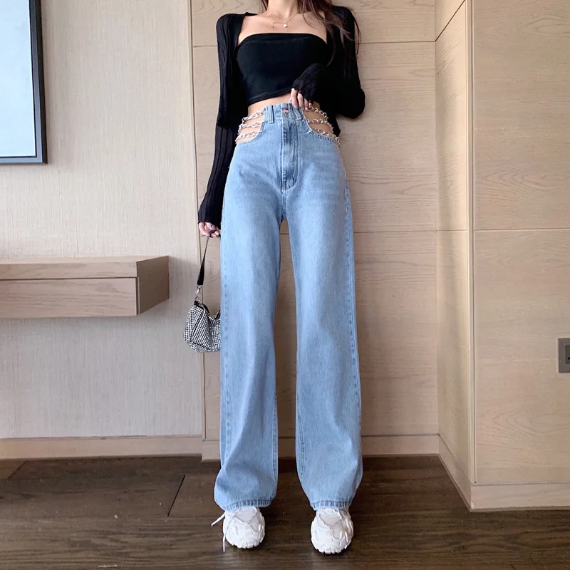 

Chain design Summer Casual Jeans Woman Long Trousers Cowboy Female Loose Streetwear Jeans Cotton Straight Pants Wide Leg Pants