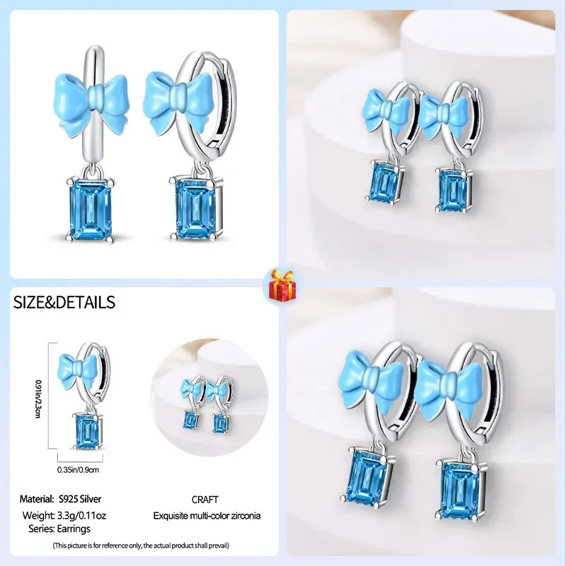 Travel Hobbies 925 Sterling Silver Dopamine Blue Bow Square Hoops Earrings Women's Elegant Jewelry Accessories