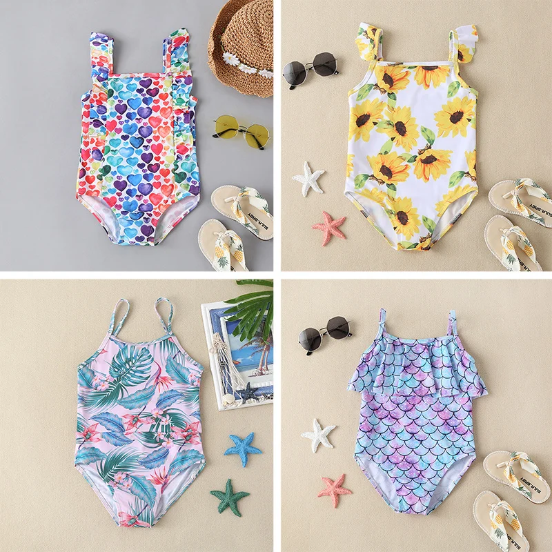 New 2-8 Year Baby Swimwear Unicorn Star Frilling Suspenders Print Cute One Pieces Toddler Swimwear 2023 Kids Swimwear for Girls