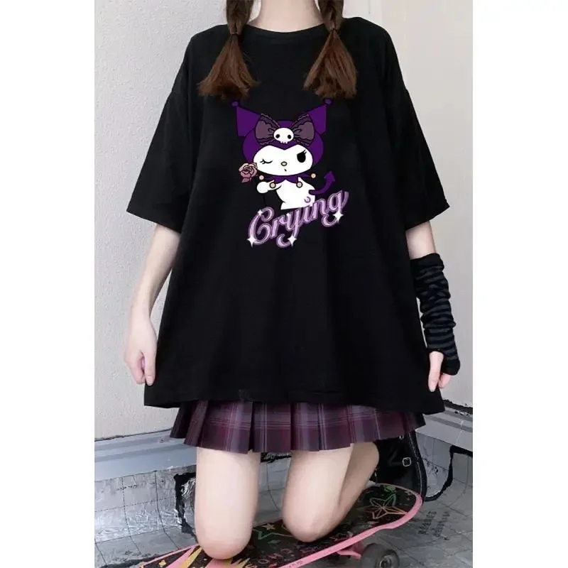 

Футболка с героями мультфильмов Kuromi Kawaii с короткими рукавами и 3D принтом, круглый вырез, модная повседневная дышащая футболка для поездок на работу, сладкий элитный подарок