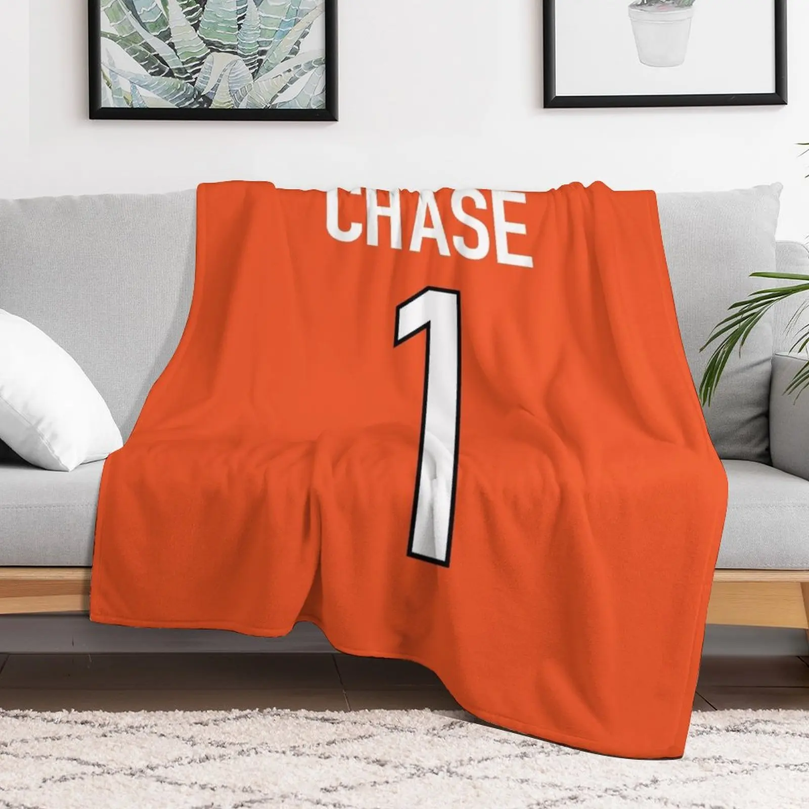 Ja'Marr Chase Orange Bengals Jersey - #1 Throw Blanket Single Plaid on the sofa Softest Blankets