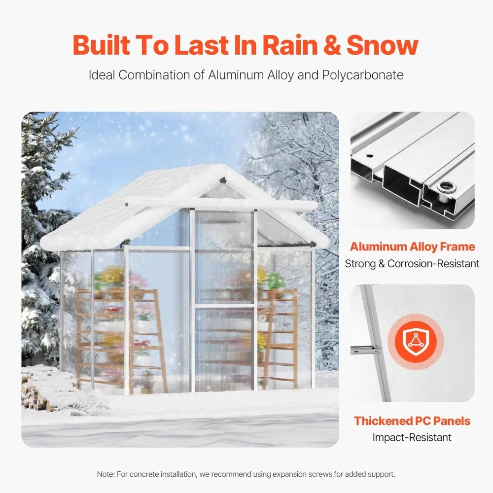 Polycarbonate Greenhouse, 6 x 4 Ft,Outdoor Greenhouse with Adjustable Vent Windows,Pavilion Styled Greenhouse with Sliding Door