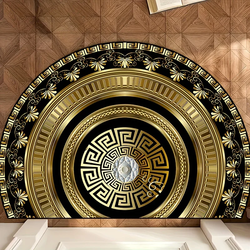 VIKAMA European Luxury Gold and Black Round Rug Semi-Circular Absorbent Anti-Slip Hallway Bathroom Mat Home Decor