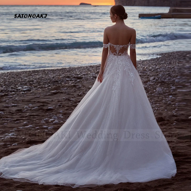 Vestido De Novia De encaje con hombros descubiertos para mujer, ropa De playa elegante, línea A, Espalda descubierta, tren De barrido