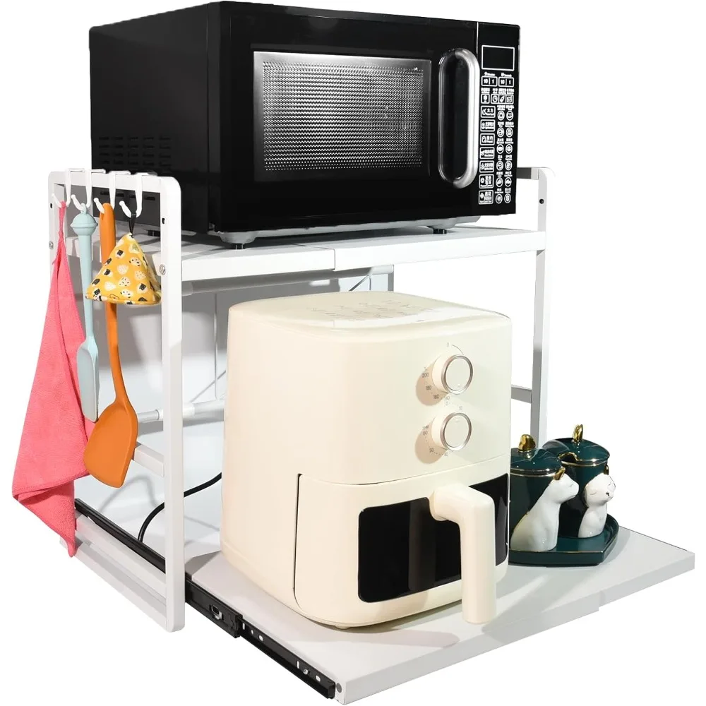 

Adjustable and Extendable 2-Tier Microwave Stand - Kitchen Shelf with Drawer in Carbon Steel, Featuring Hooks and Reinforcement