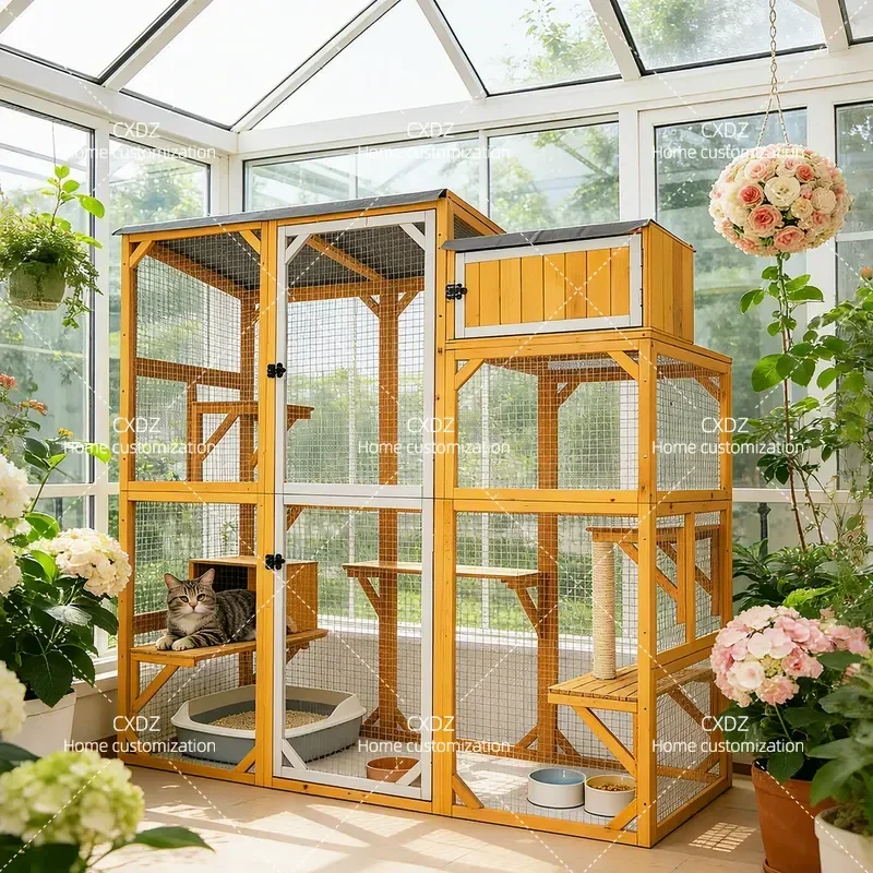 Solid Wood Multi Layer Cat Cage Large Indoor Breathable Panoramic Cat Villa House Pet Products Courtyard Sun Room