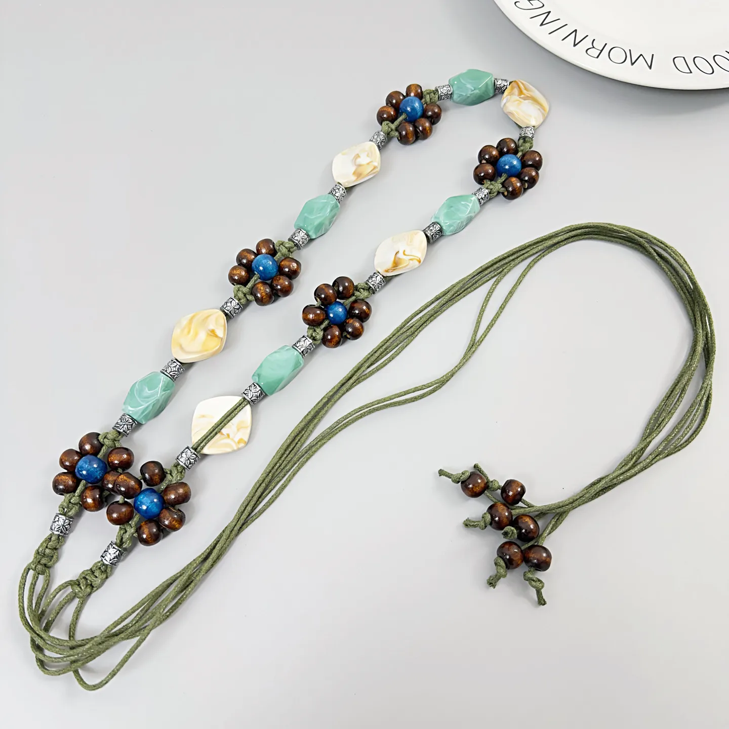 Dark Green Boho Braided Waist Belt For Women Vintage Ethnic Beaded Tassel Waist Chain For Dress Jeans Skirt All Match Accessory