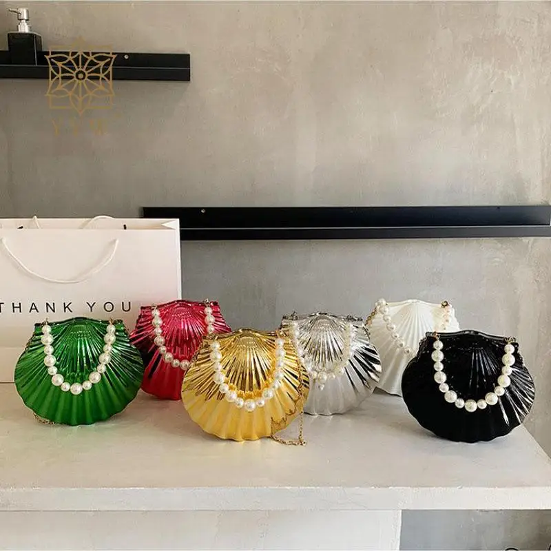 Acrylic Shell Shaped Evening Clutch Handbag with Pearl Top Handle Fashion Plating Women Wedding Banquet Purse Chain Shoulder Bag