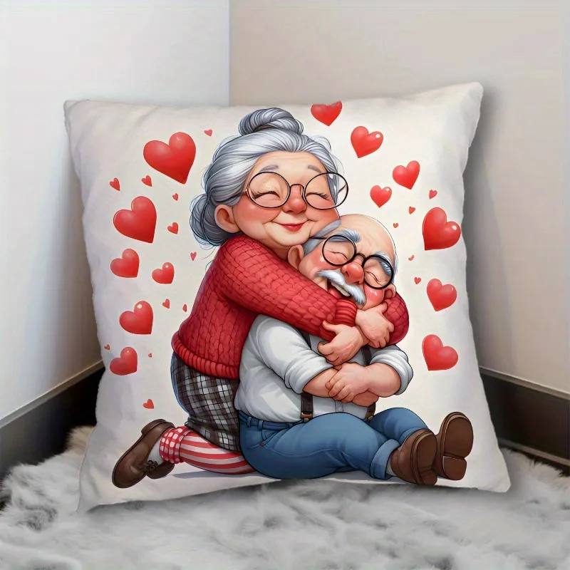 1pc Elderly Couple Hugging with Hearts Throw Pillow Cover Suitable for Sofa Bedroom Living Room A Romantic Gift for Elders
